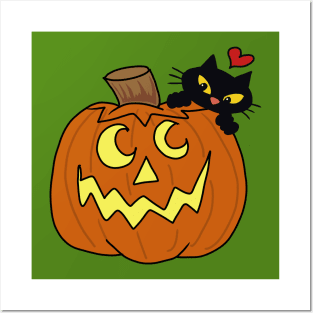 Halloween pumpkin and black kitty Posters and Art